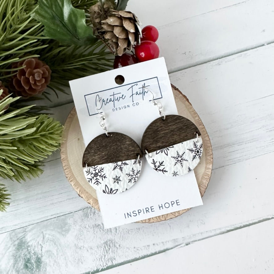 Split Circle Earrings - Black and White Snowflake