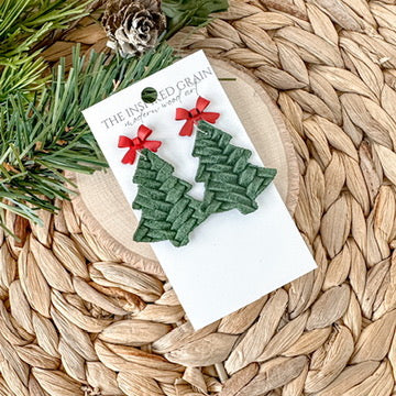 Christmas Tree Earrings - Green Braid with Red Bow
