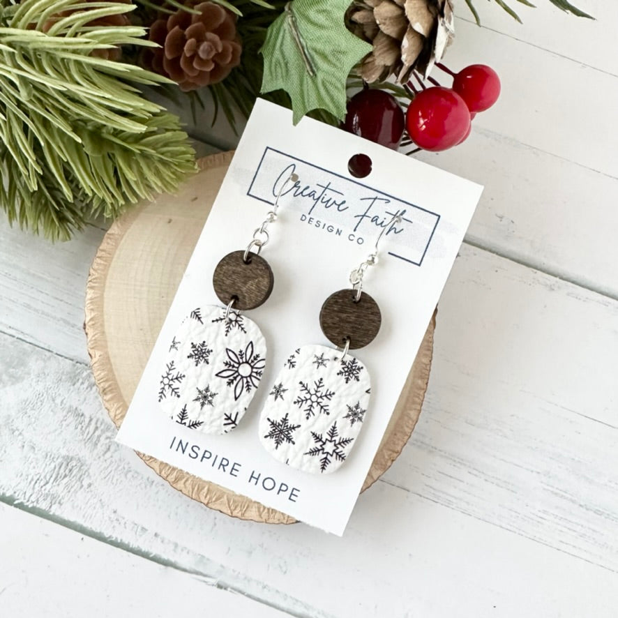 Rectangle Round Earrings - Black and White Snowflake