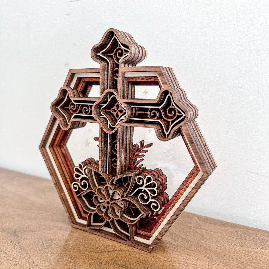 Floral Cross Hexagon Shadowbox