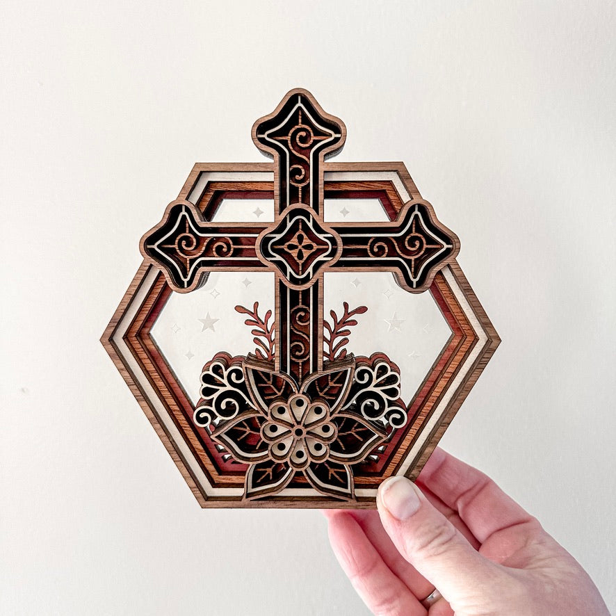 Floral Cross Hexagon Shadowbox