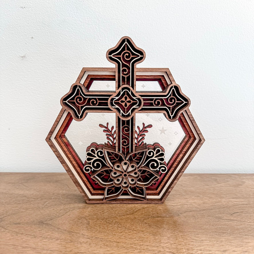 Floral Cross Hexagon Shadowbox