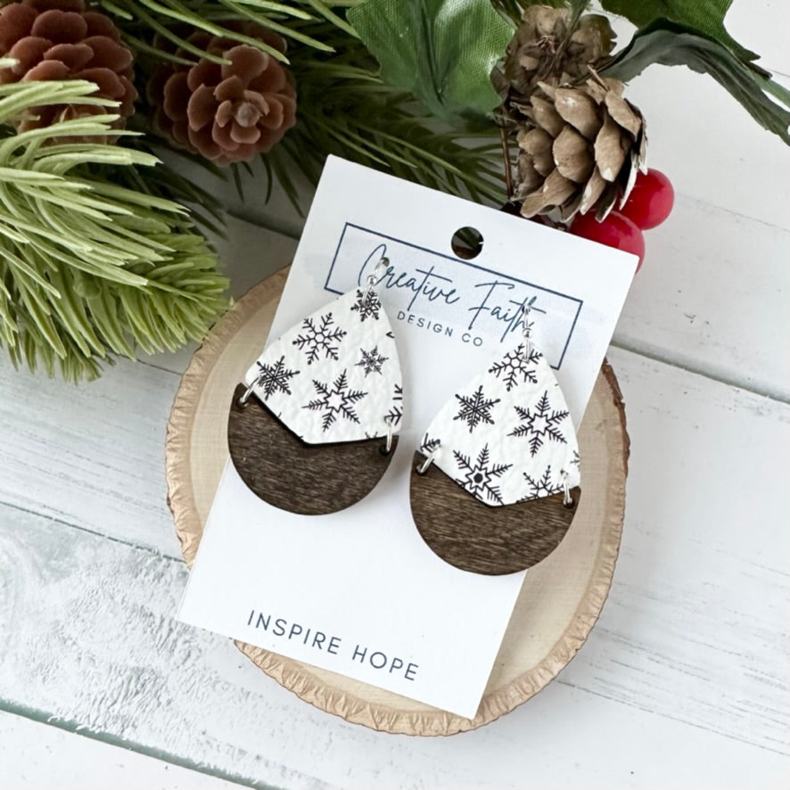 Split Teardrop Earrings - Black and White Snowflake