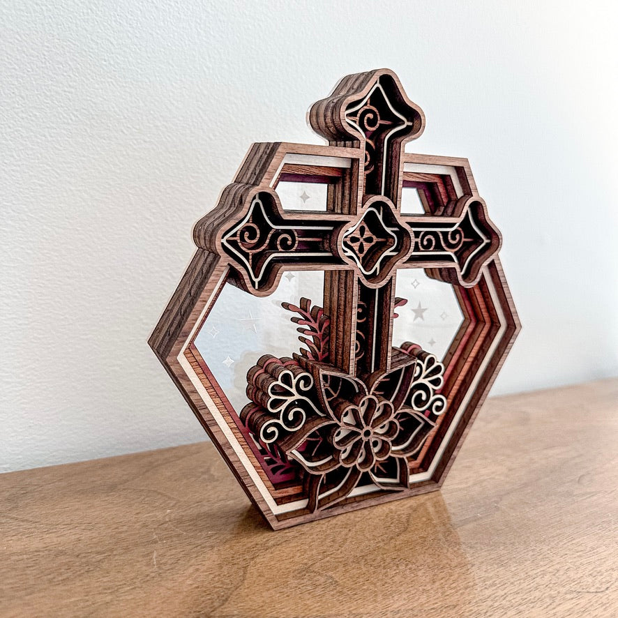 Floral Cross Hexagon Shadowbox
