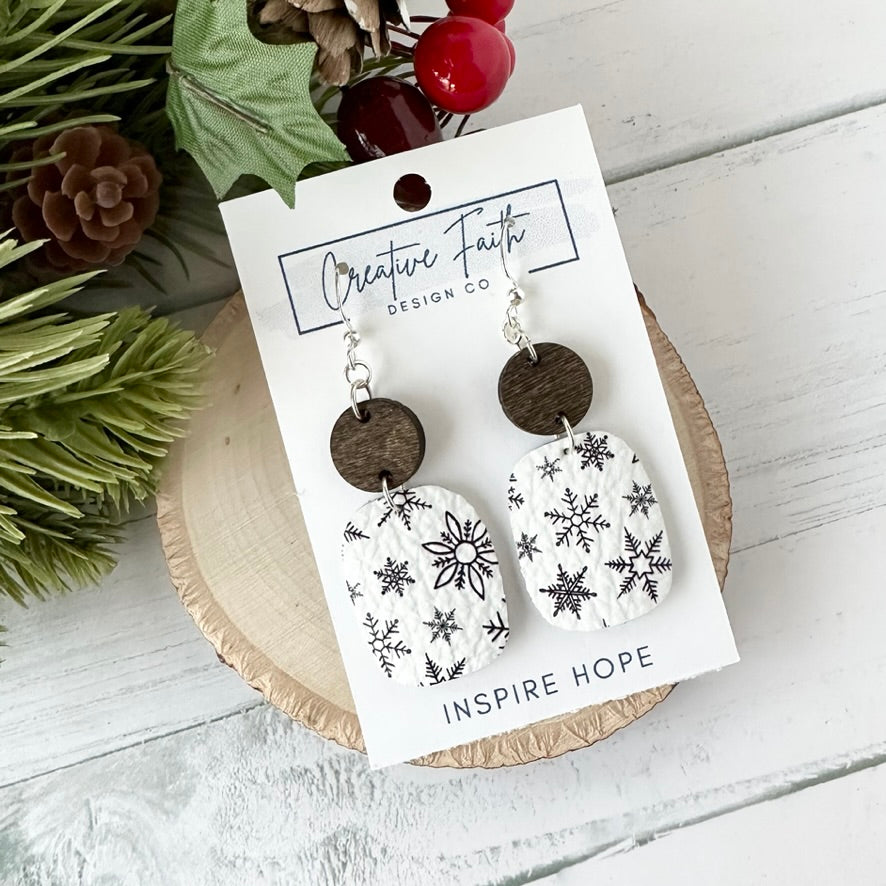Rectangle Round Earrings - Black and White Snowflake