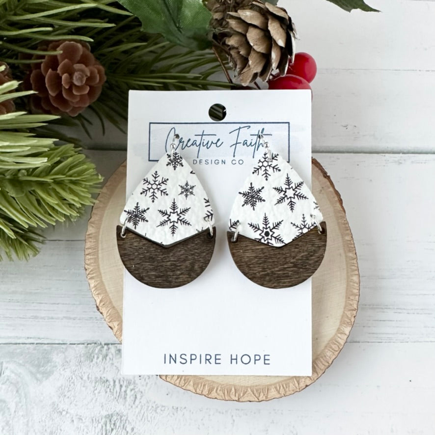 Split Teardrop Earrings - Black and White Snowflake