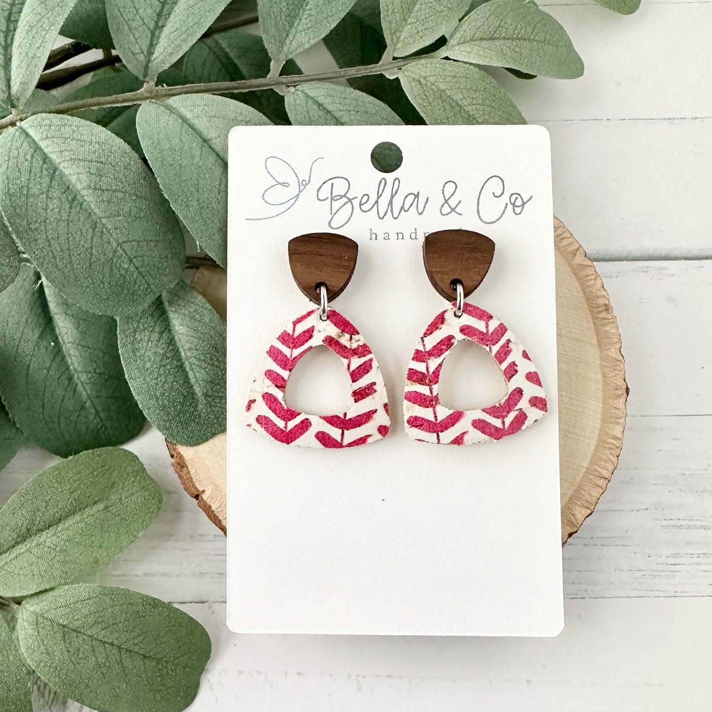 leather earrings, wood earrings, heart earrings, nickel free, lightweight dangle earrings, valentines day earrings, galentines day gift