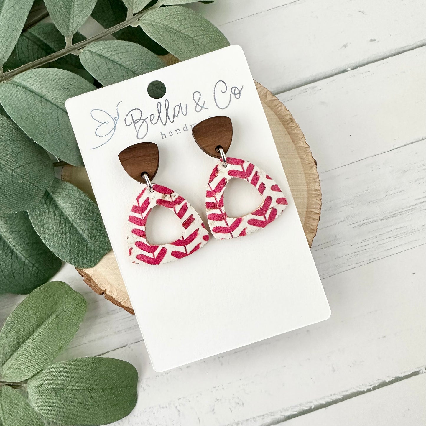 leather earrings, wood earrings, heart earrings, nickel free, lightweight dangle earrings, valentines day earrings, galentines day gift