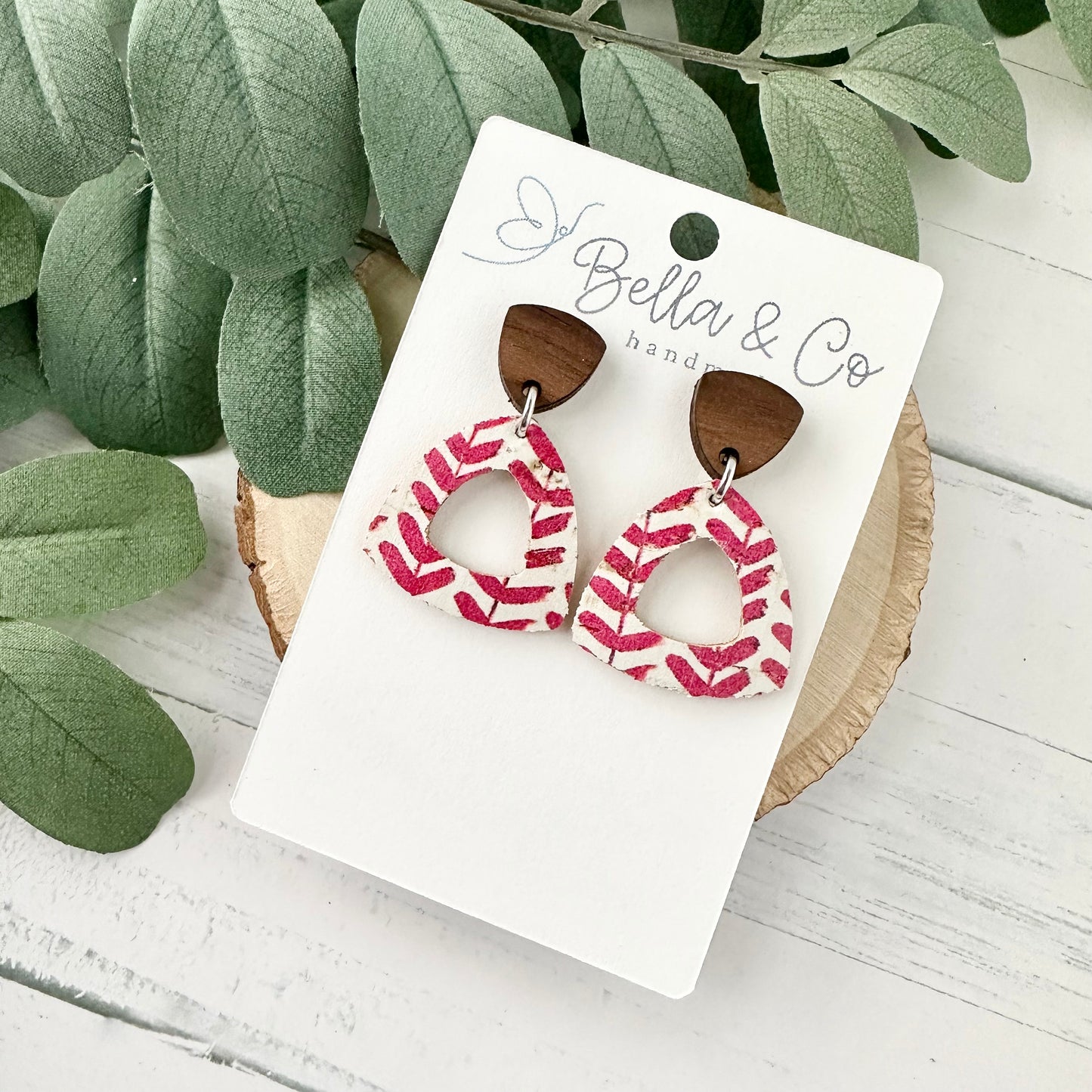 leather earrings, wood earrings, heart earrings, nickel free, lightweight dangle earrings, valentines day earrings, galentines day gift