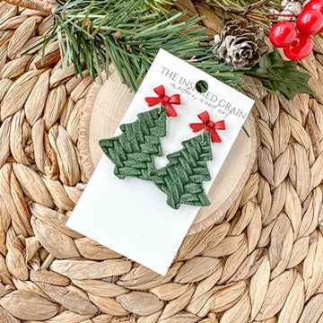 Christmas Tree Earrings - Green Braid with Red Bow