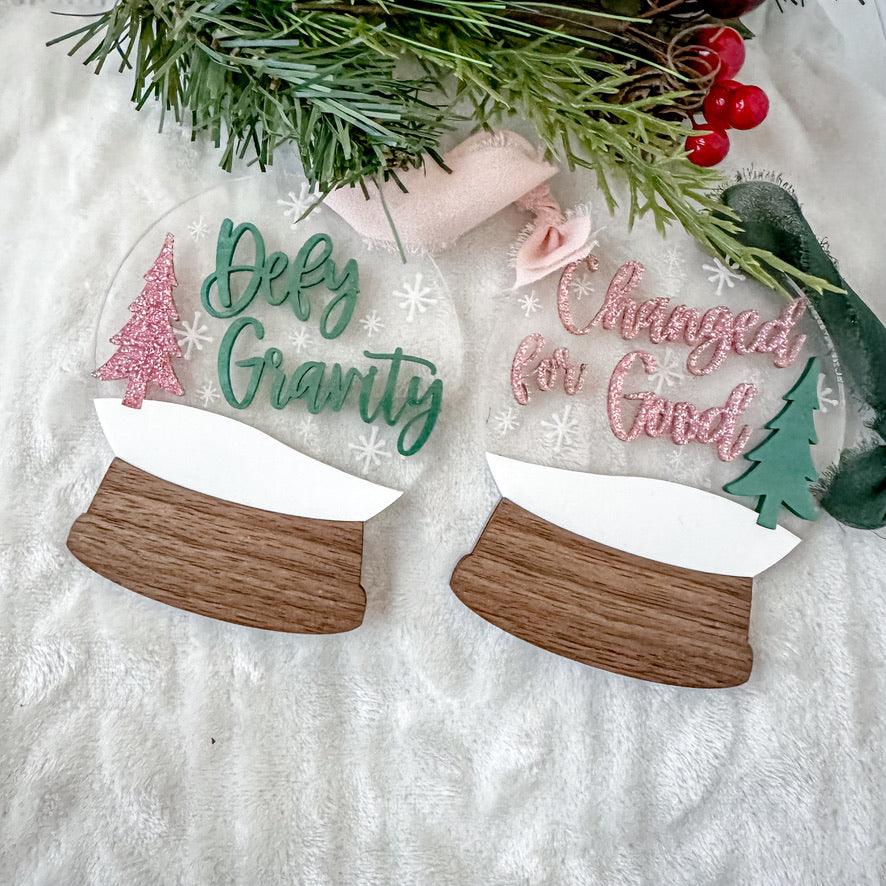Pink and Green Snow Globe Ornament Set