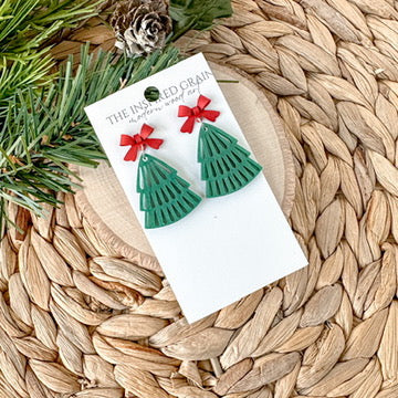 Christmas Tree Earrings - Shimmer Green with Red Bows