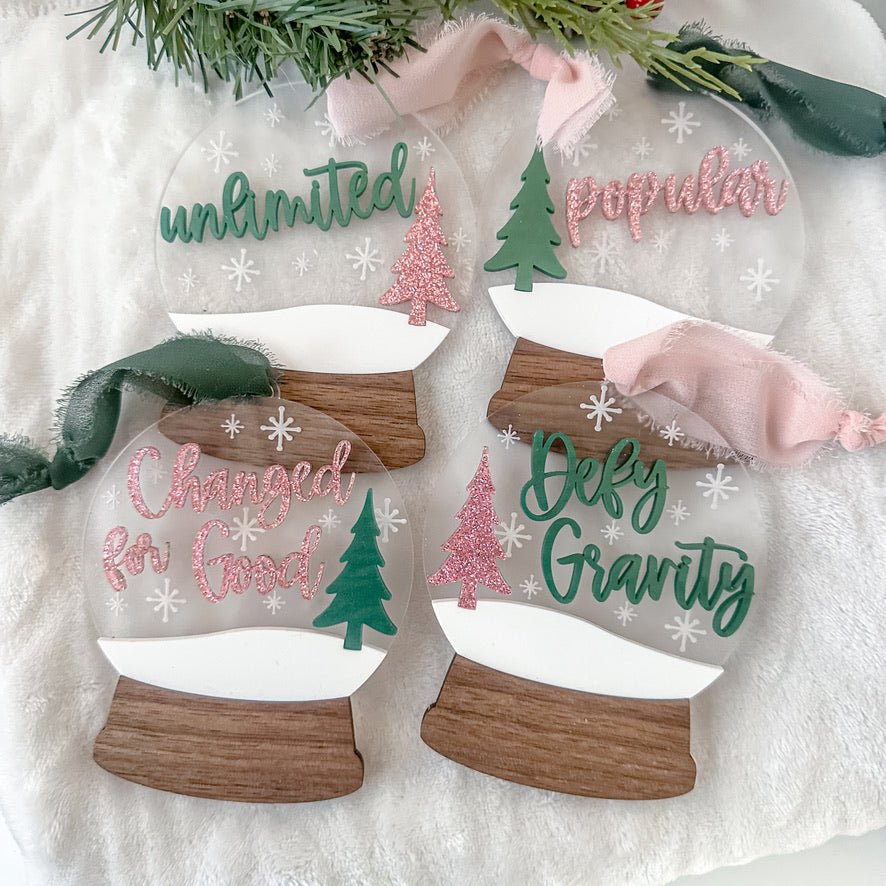 Pink and Green Snow Globe Ornament Set