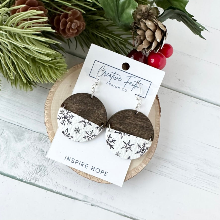 Split Circle Earrings - Black and White Snowflake
