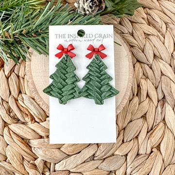 Christmas Tree Earrings - Green Braid with Red Bow