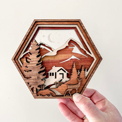 Mountain Cabin Hexagon Shadowbox