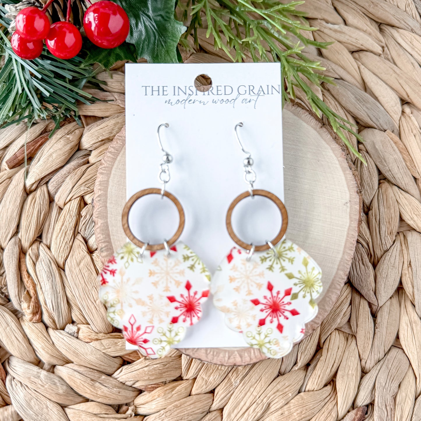 Scallop Hoop Earrings - Red & Green Snowflakes