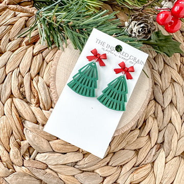 Christmas Tree Earrings - Shimmer Green with Red Bows