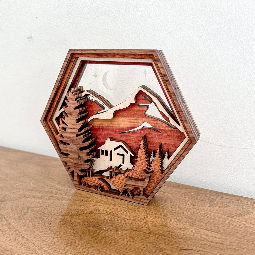 Mountain Cabin Hexagon Shadowbox