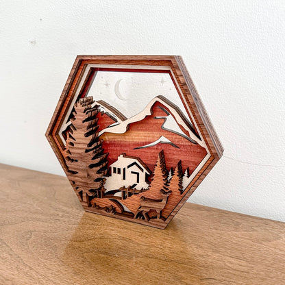 Mountain Cabin Hexagon Shadowbox