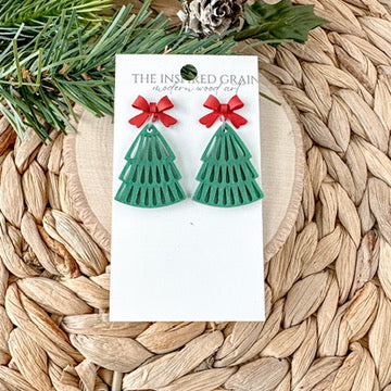 Christmas Tree Earrings - Shimmer Green with Red Bows