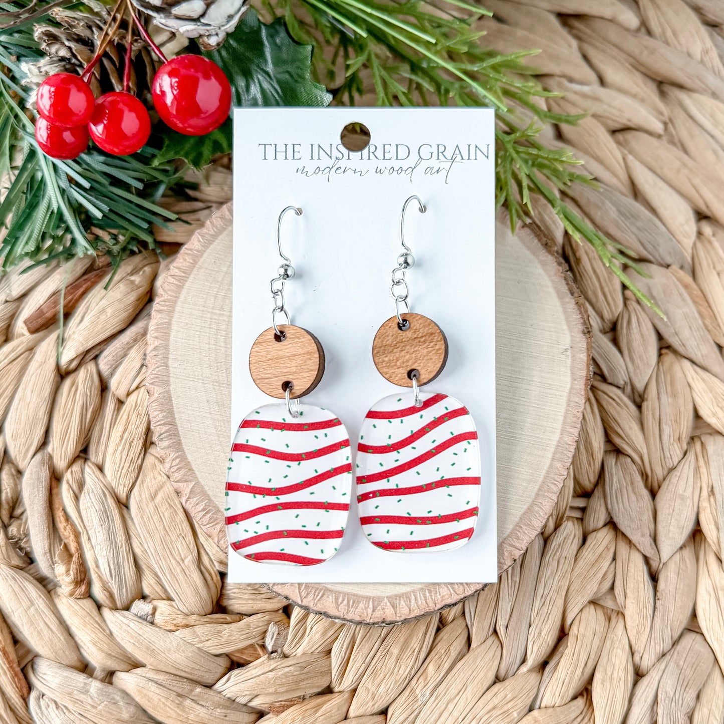Rectangle Round Earrings - Christmas Cake