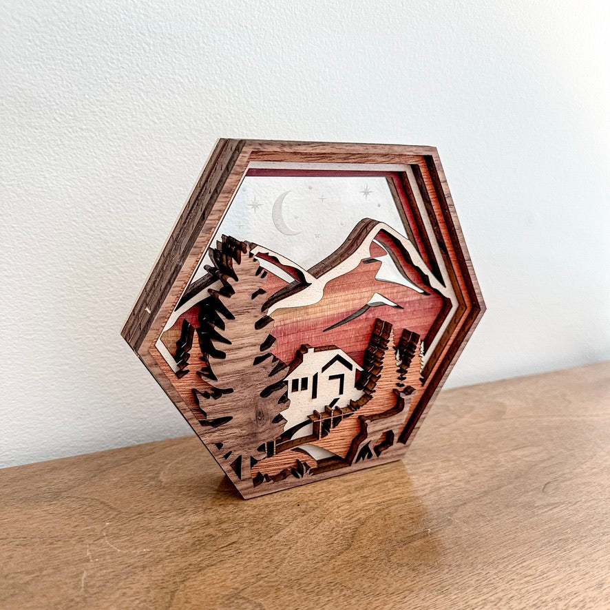 Mountain Cabin Hexagon Shadowbox
