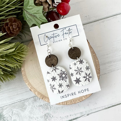 Rectangle Round Earrings - Black and White Snowflake