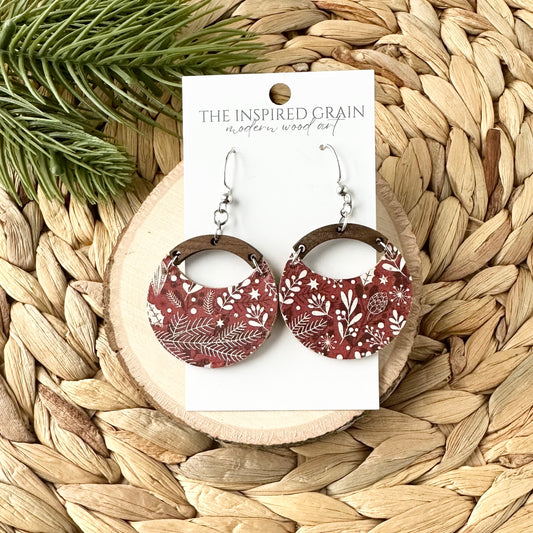 Round Arch Earrings - Holiday Red Floral