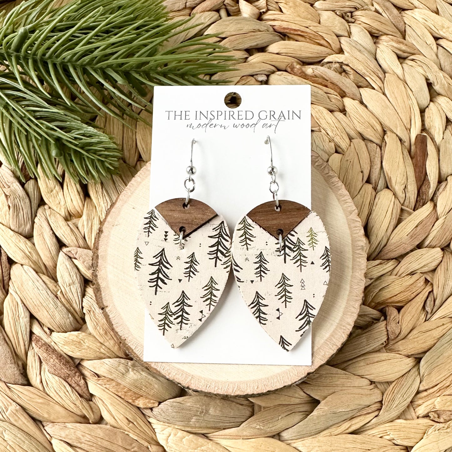 Reverse Teardrop Earrings - Green Trees