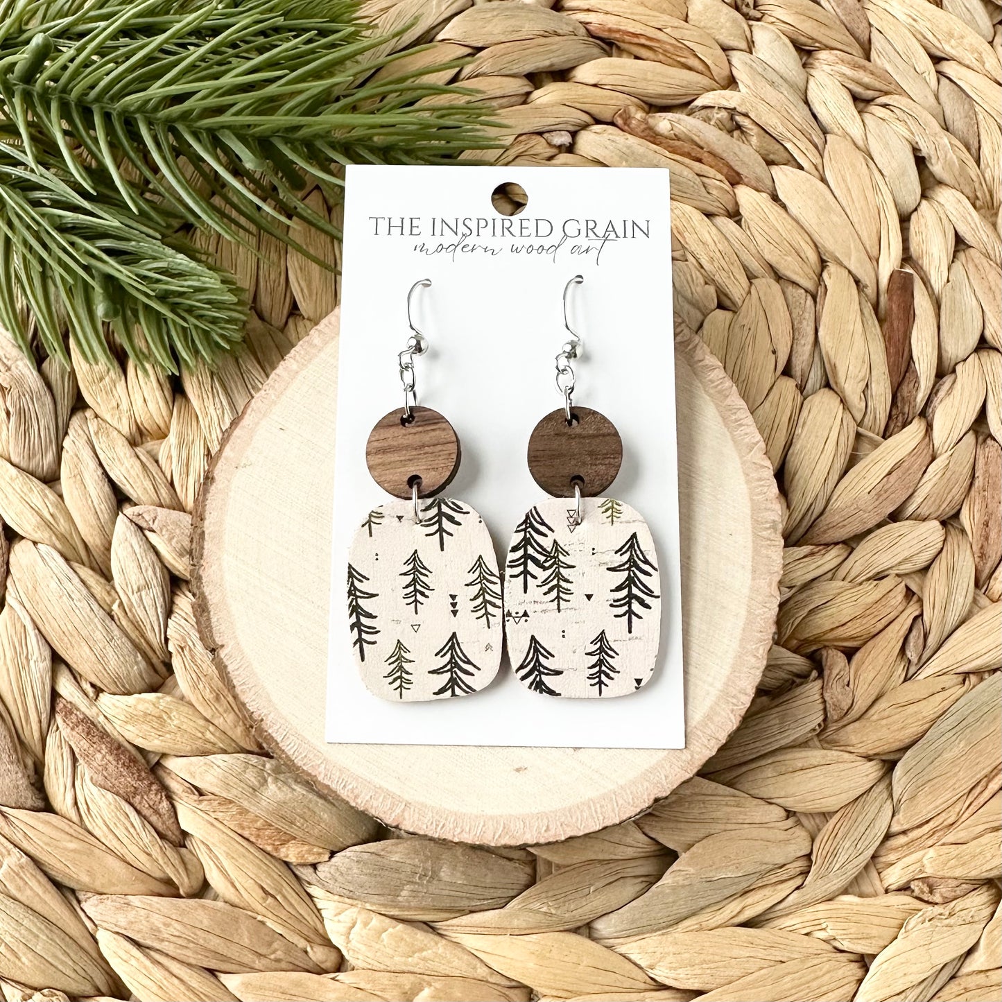 Rectangle Round Earrings - Green Trees