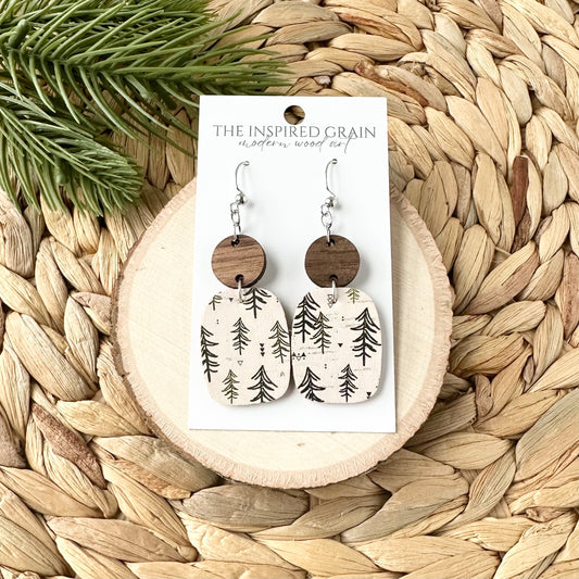 Rectangle Round Earrings - Green Trees