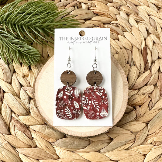Rectangle Round Earrings - Holiday Red Floral