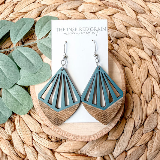 wood chandelier earrings with detailed hand painted design