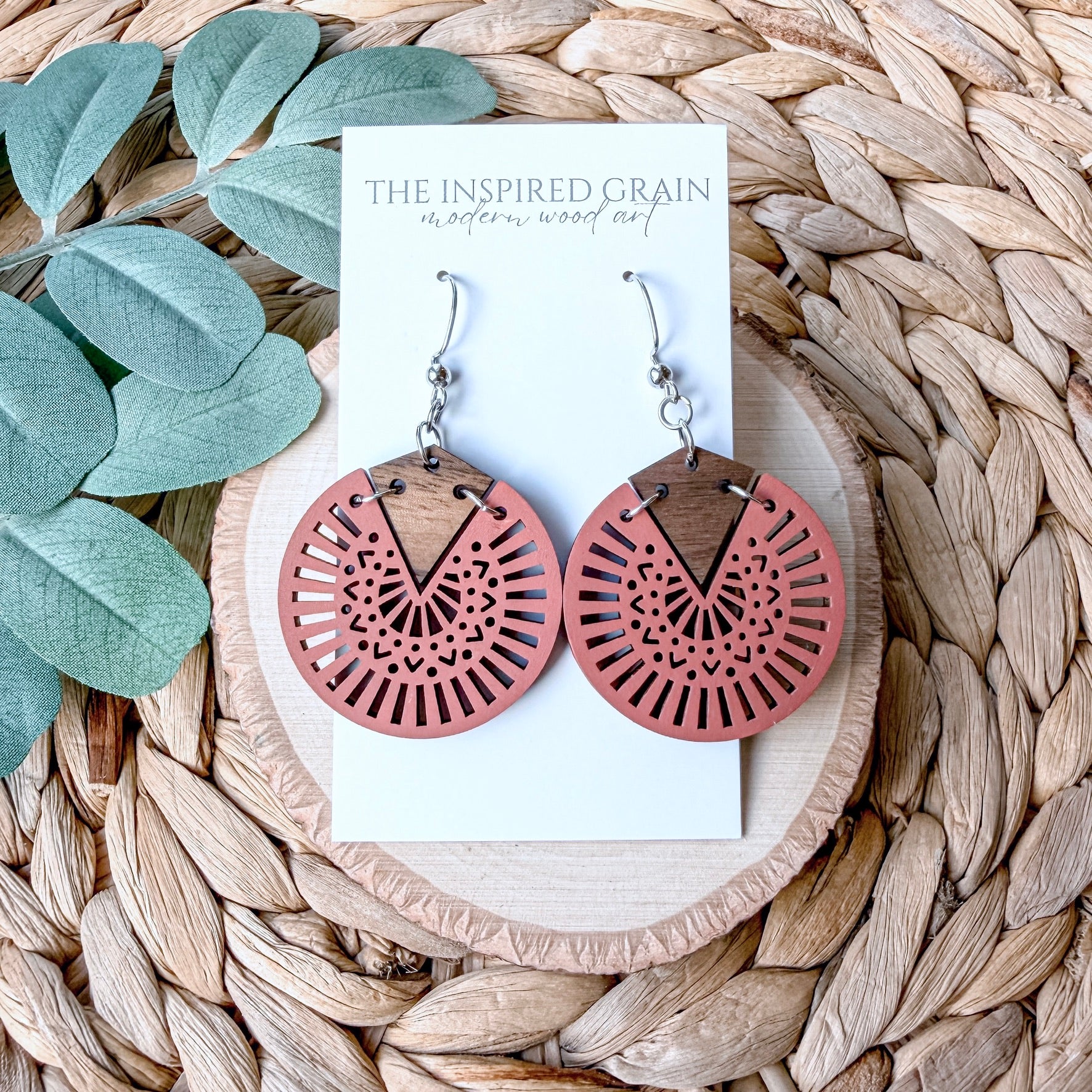 Lightweight wood dangle earrings with detailed mandala design