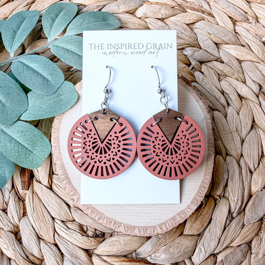 Lightweight wood dangle earrings with detailed mandala design