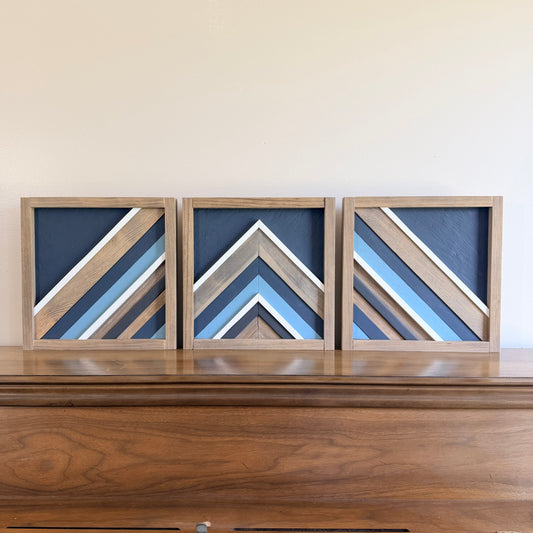 Handmade wood wall art with geometric design and natural wood textures