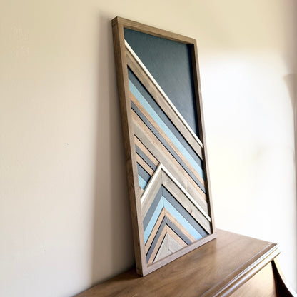 Large wood mosaic wall art with natural wood tones and layered texture
