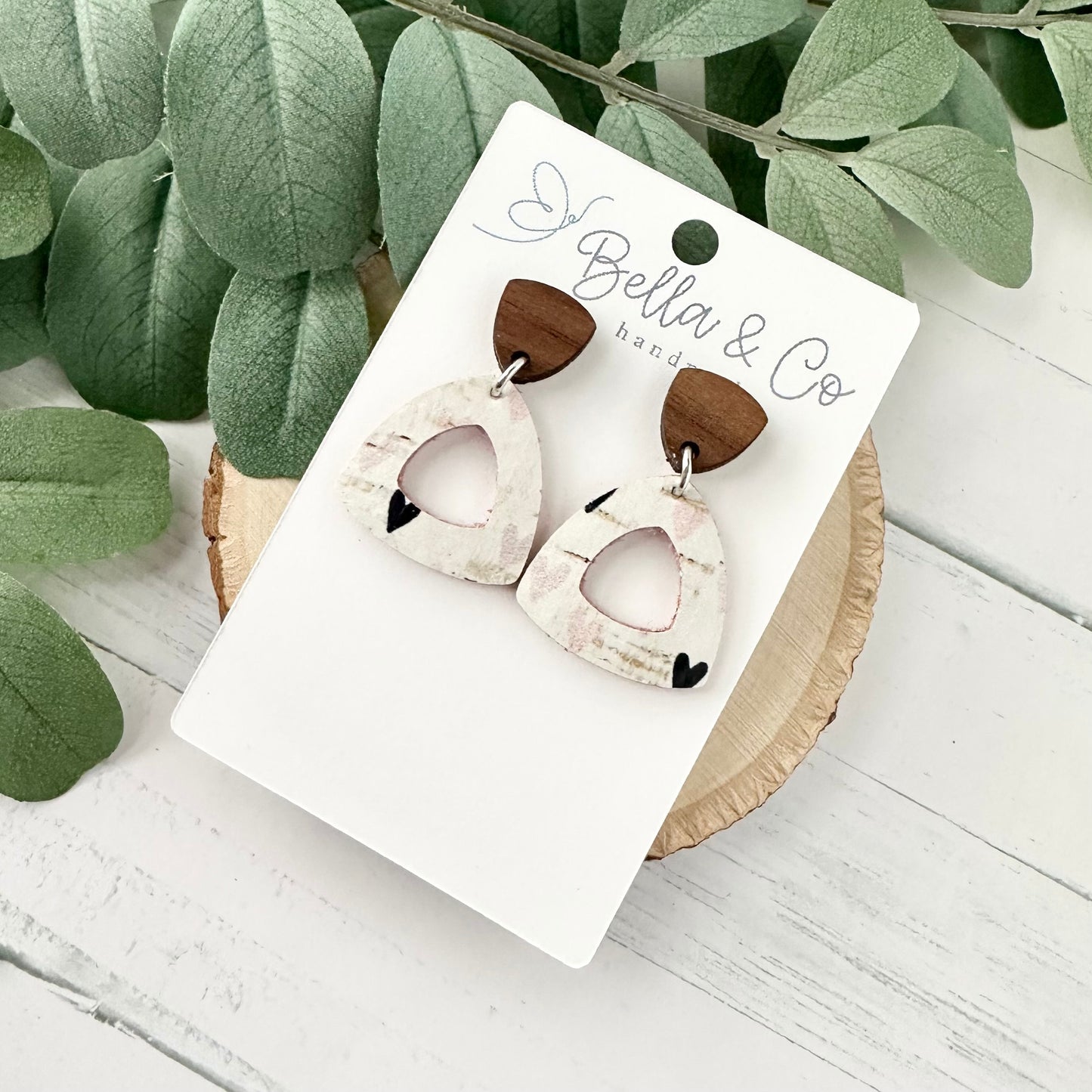 leather earrings, wood earrings, heart earrings, nickel free, lightweight dangle earrings, valentines day earrings, galentines day gift