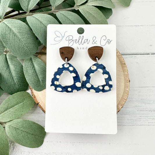 leather wood earrings, leather cork earrings, triangle earrings, polka dot earrings, nickel free, lightweight earrings, gifts for her