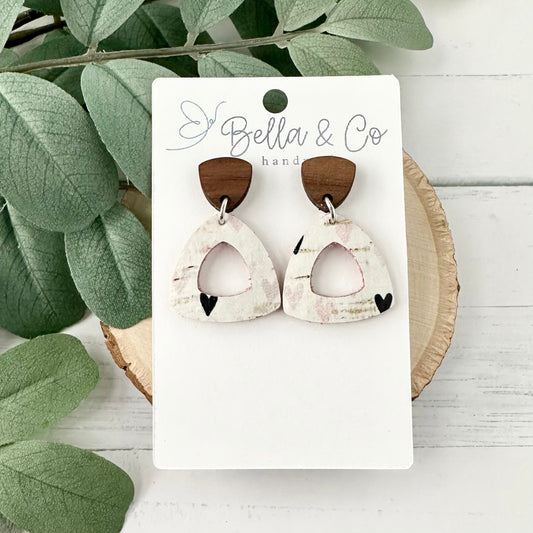 leather earrings, wood earrings, heart earrings, nickel free, lightweight dangle earrings, valentines day earrings, galentines day gift