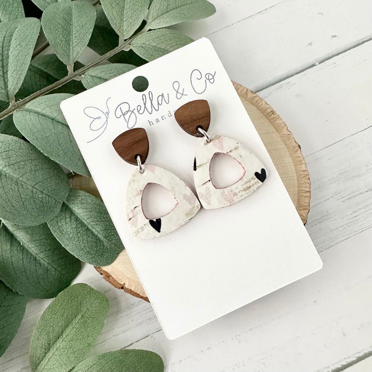 leather earrings, wood earrings, heart earrings, nickel free, lightweight dangle earrings, valentines day earrings, galentines day gift