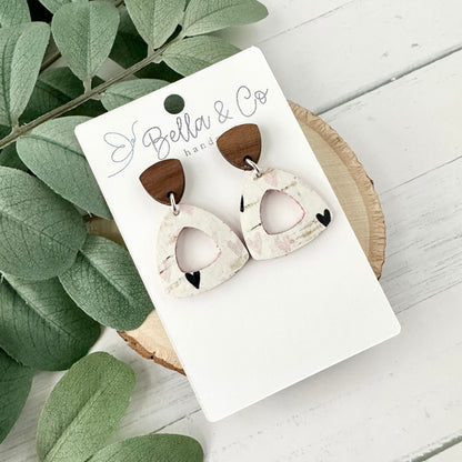 leather earrings, wood earrings, heart earrings, nickel free, lightweight dangle earrings, valentines day earrings, galentines day gift