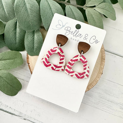 leather earrings, wood earrings, heart earrings, nickel free, lightweight dangle earrings, valentines day earrings, galentines day gift